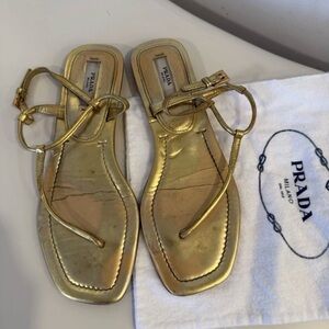 Authentic Prada gold metallic thong-strap flat sandals size 35.5